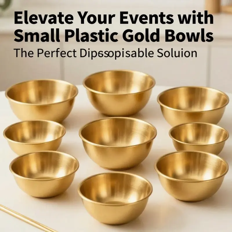 An assortment of small plastic gold disposable bowls, exemplifying different styles for versatile food service.