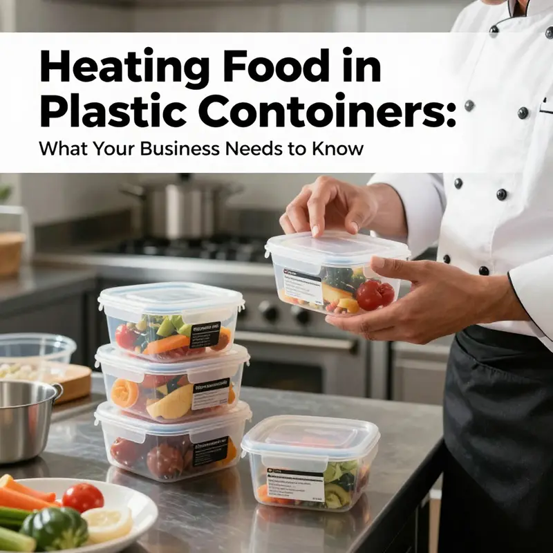 A chef inspects the safety labels on plastic containers to ensure safe food heating.
