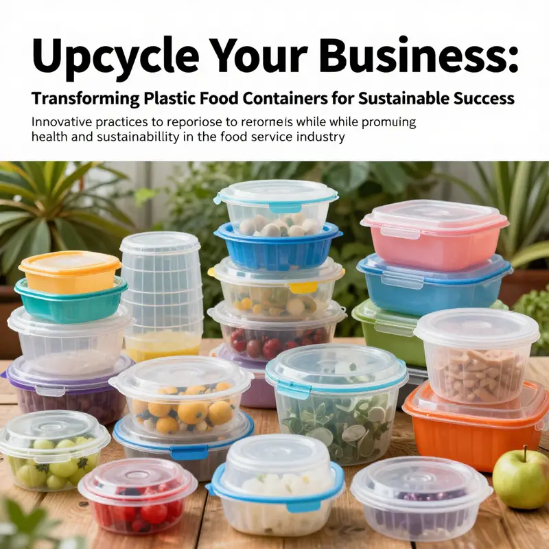 A montage of upcycled plastic food containers being used in kitchens, gardens, and storage spaces, illustrating the potential of repurposing.