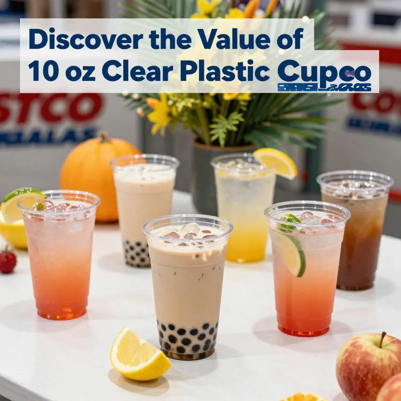 10 oz Clear Plastic Cups on display at Costco, perfect for various beverage applications.
