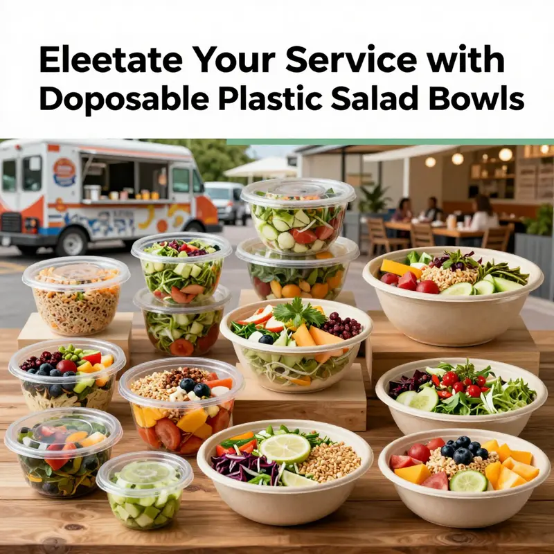 An array of disposable plastic salad bowls showcasing different sizes and delicious contents.