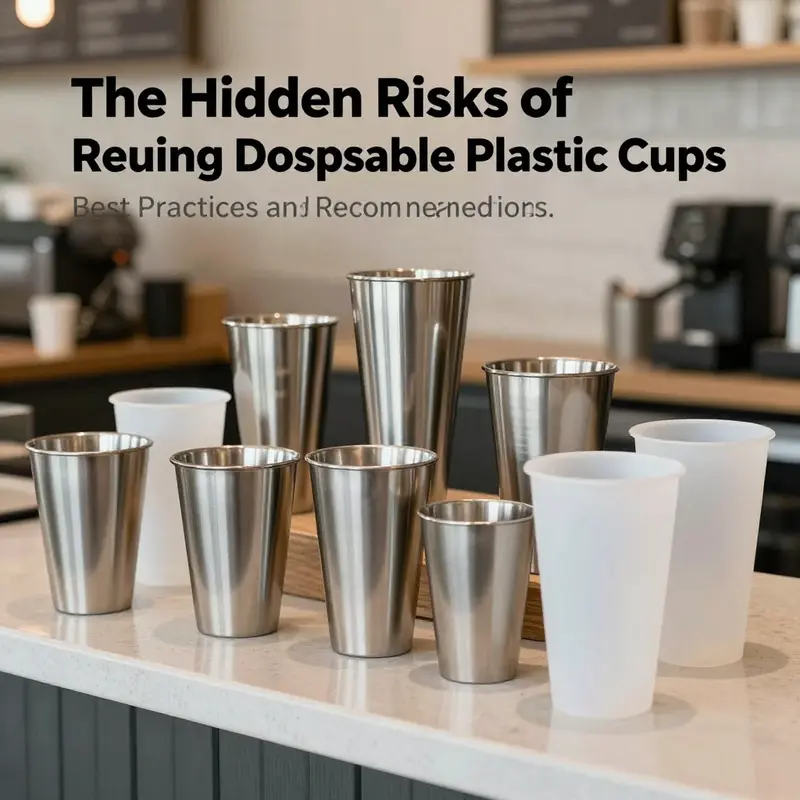 Health risks related to reused disposable plastic cups represented by damaged cups next to safer options.