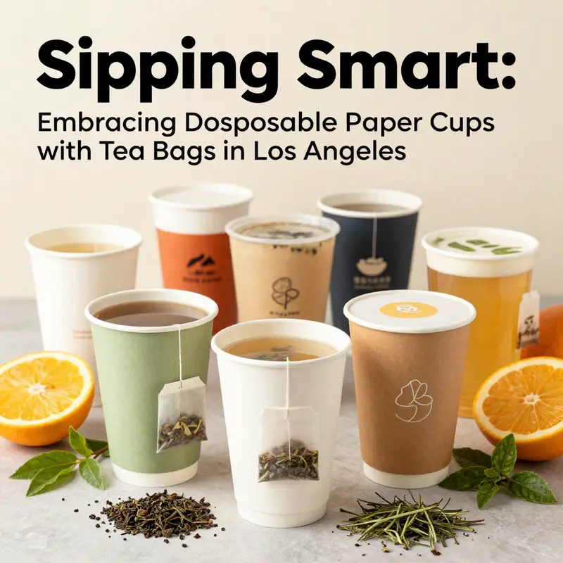 Diverse disposable paper cups with tea bags in a colorful array reflecting the spirit of LA’s beverage scene.