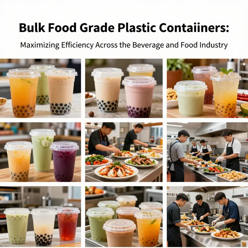 A diverse range of bulk food grade plastic containers in action across multiple culinary environments.