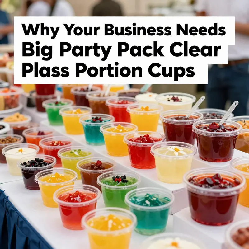 Display showcasing the versatility of clear plastic portion cups filled with various food items at a catered event.