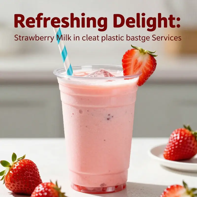 Vibrant strawberry milk displayed in a clear plastic cup, highlighting its freshness and charm.