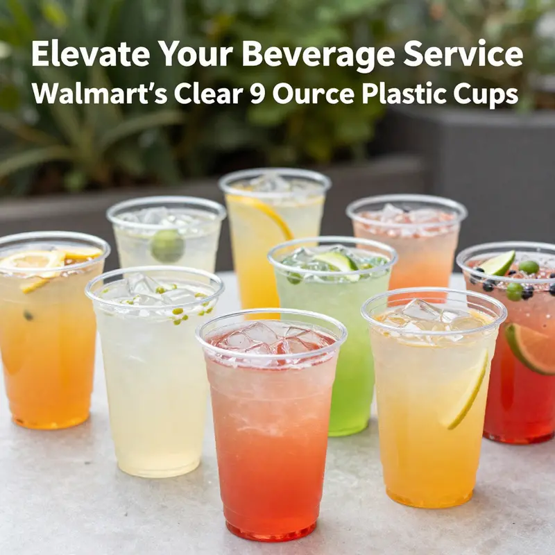 A visually appealing arrangement of clear 9-ounce plastic cups filled with colorful beverages, set outdoors.