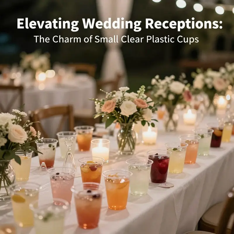 Beautifully arranged wedding reception table displaying small clear plastic cups filled with beverages, surrounded by floral decorations and lights.