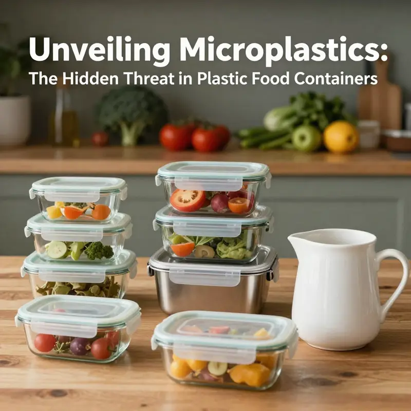 Illustration of microplastics releasing from plastic containers into food.