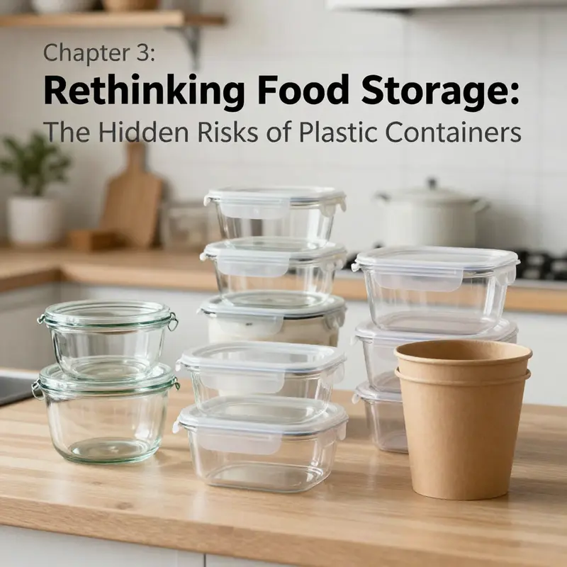 Degraded plastic containers versus fresh food items highlighting storage risks.