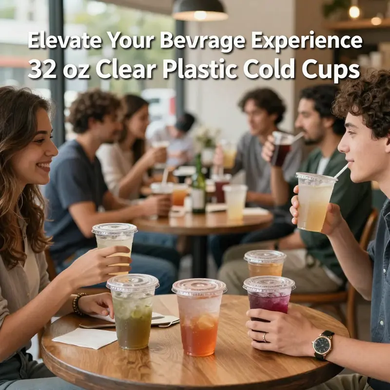 Eco-friendly 32 oz clear plastic cups made from recyclable PET.