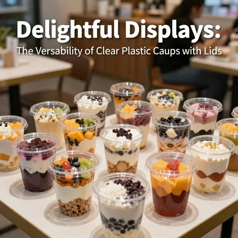 A variety of desserts showcased in clear plastic cups, highlighting their application in culinary settings.
