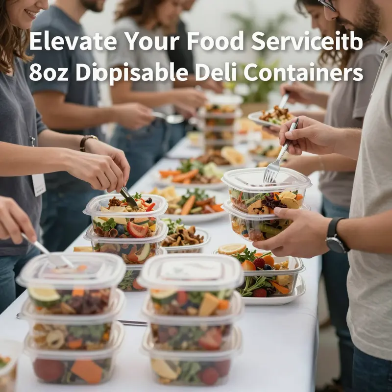 Assorted 8oz disposable deli containers filled with various food items, highlighting their key features and benefits.