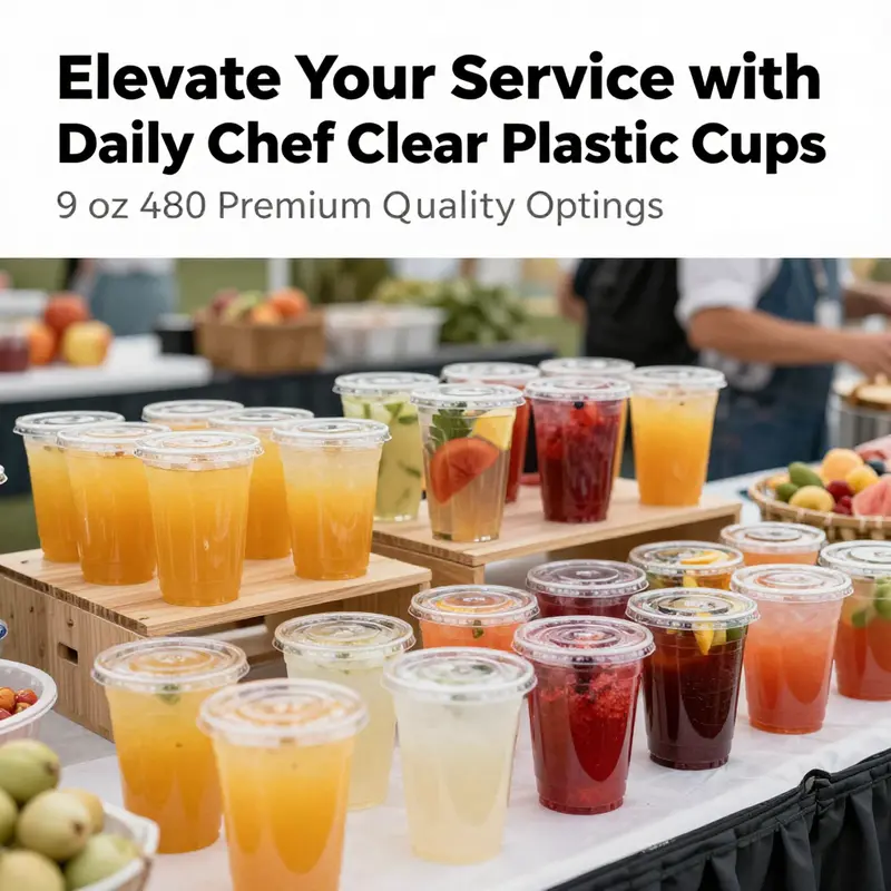 Daily Chef Clear Plastic Cups highlight their shatter-resistant design, perfect for vibrant events.