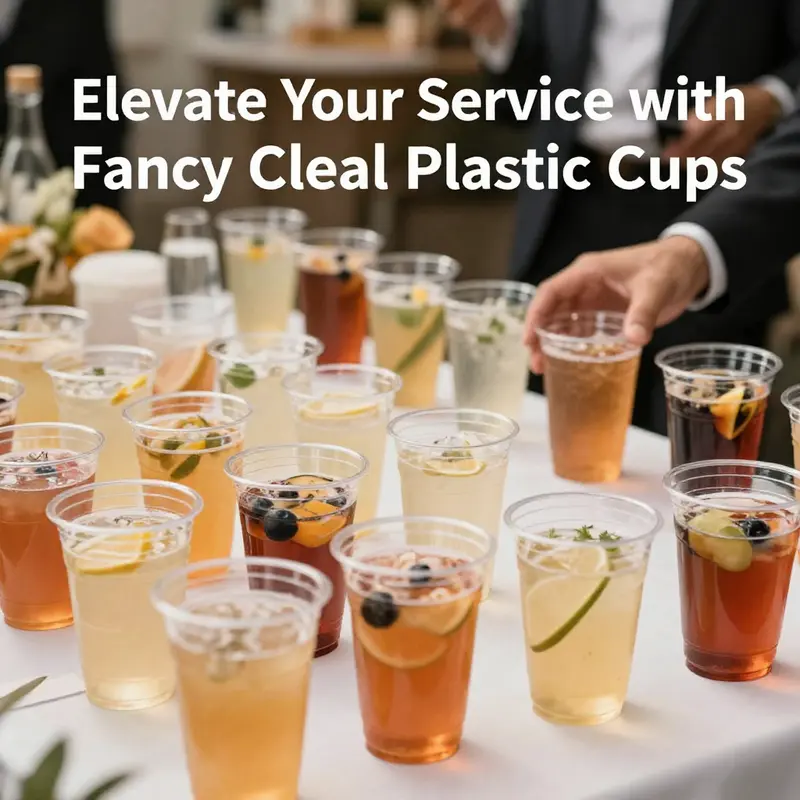 Elegant design elements of fancy clear plastic cups enhance beverage presentation.