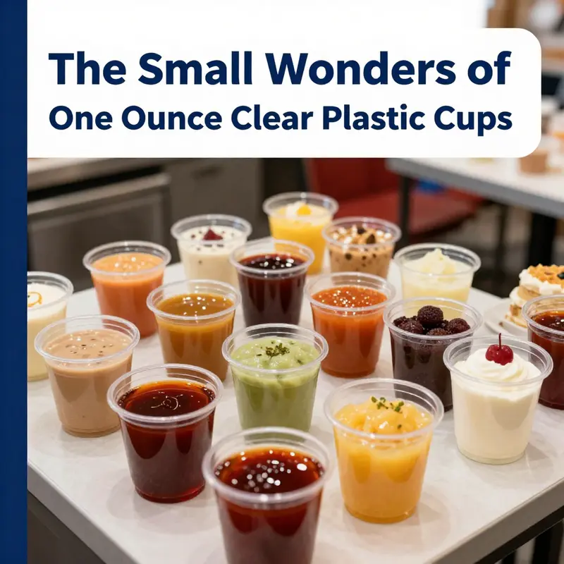 One ounce clear plastic cups filled with sauces and desserts highlighting their versatile applications in food service.