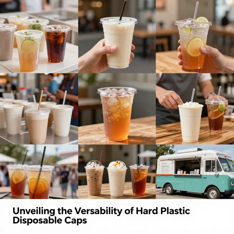 An assortment of hard plastic disposable cups showcasing their diverse sizes and durability in a contemporary café environment.