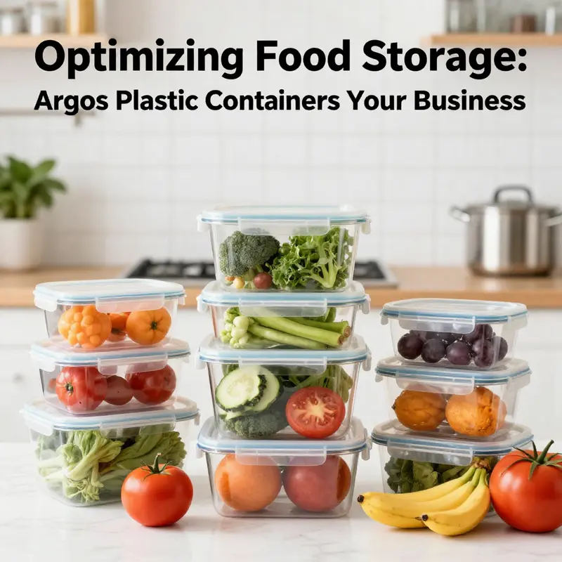 A colorful collection of Argos plastic food storage containers filled with fresh fruits and vegetables in a bright kitchen.