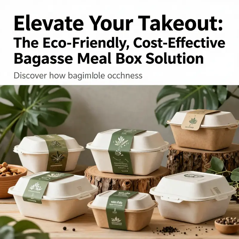 A collection of eco-friendly bagasse meal boxes against a natural backdrop.