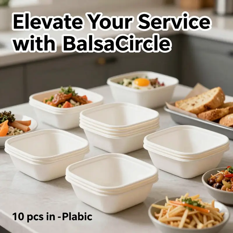 An array of BalsaCircle disposable plastic square bowls arranged with food, showcasing quality and presentation.