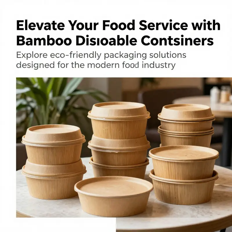 A collection of bamboo disposable food containers elegantly presented in a restaurant setting, emphasizing their sustainable appeal.