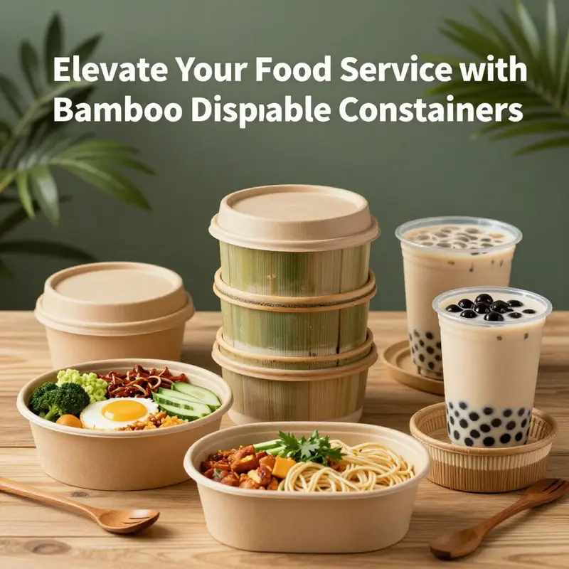 A diverse selection of bamboo disposable food containers showcasing their appeal and functionality in various food service settings.