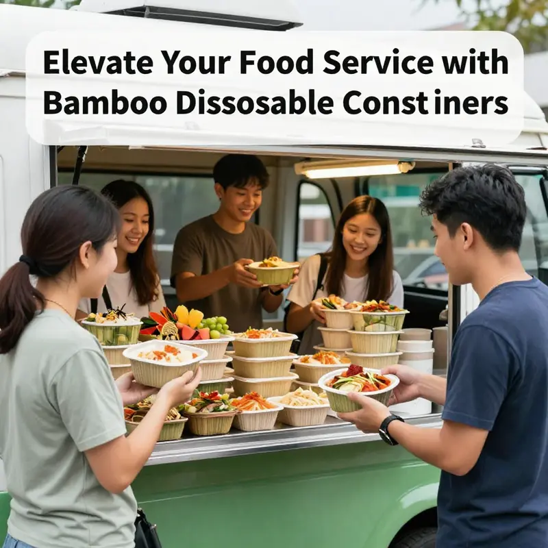 A diverse selection of bamboo disposable food containers showcasing their appeal and functionality in various food service settings.