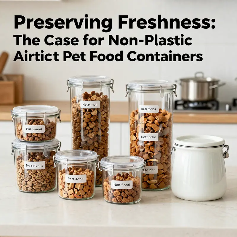 An organized display of assorted non-plastic airtight pet food containers, emphasizing their aesthetic and practical benefits.