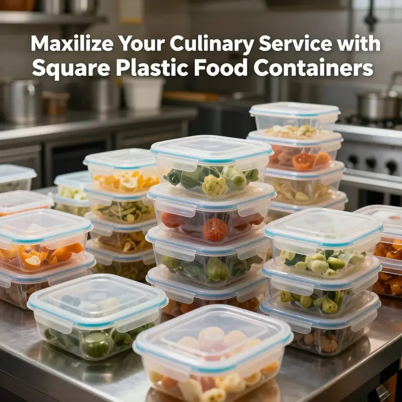 Efficient organization and storage of food items using square plastic food containers in a professional kitchen.