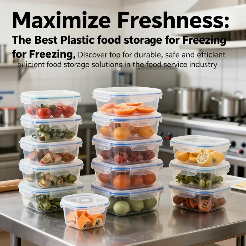 A clean and organized commercial kitchen displaying a variety of high-quality plastic food storage containers suitable for freezing.