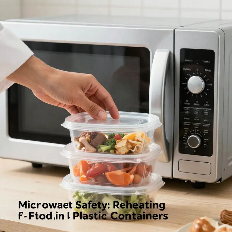 A display of microwave-safe plastic containers in a bustling restaurant kitchen.