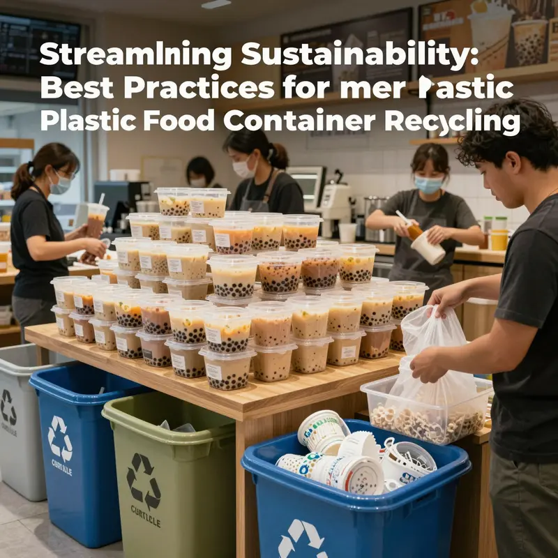 Plastic food container recycling best practices are demonstrated in a lively bubble tea shop.