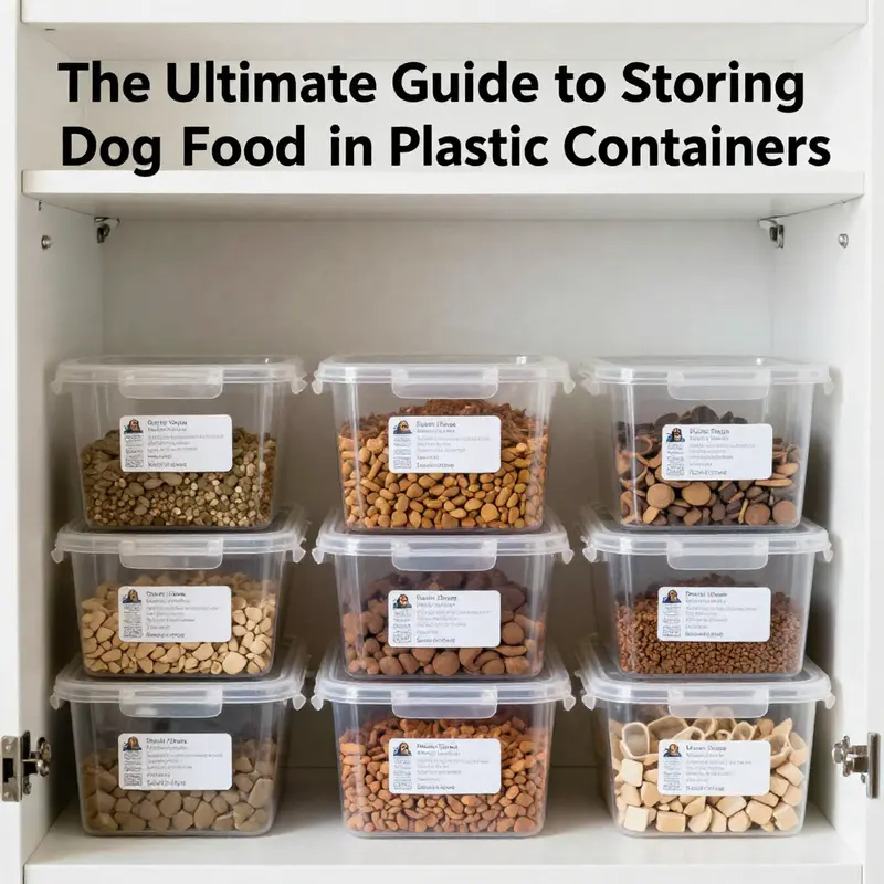 An organized pantry illustrates best practices in storing dog food securely in plastic containers.