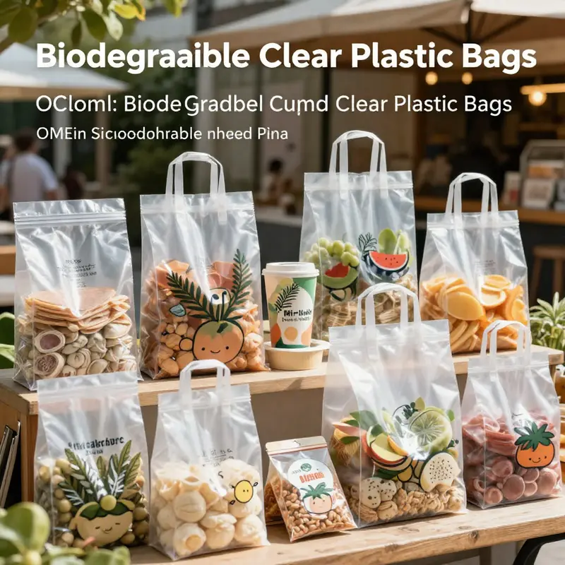Various biodegradable clear plastic bags designed for food packaging and retail shopping.