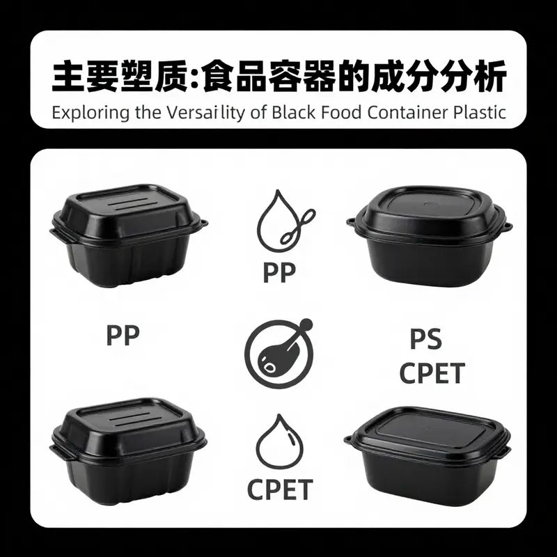 Diverse designs of black plastic food containers designed for food service.