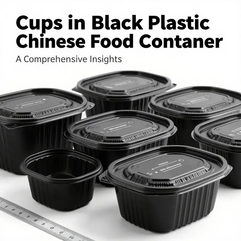Detailed specifications of black plastic Chinese food containers highlighting their size and characteristics.
