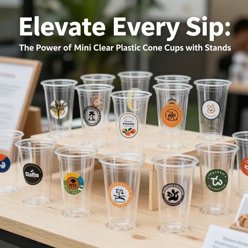 Mini clear plastic cone cups on display, ideal for serving colorful frozen treats at various events.