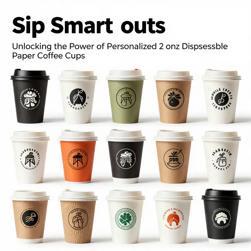 Various designs of personalized 2 oz disposable paper cups highlight branding creativity for cafes and beverage businesses.