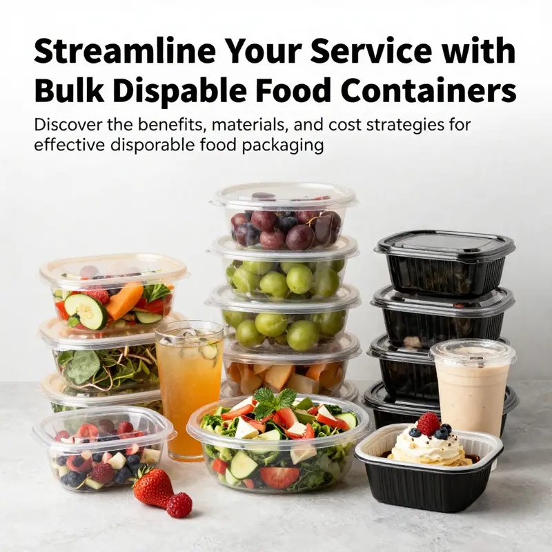 A variety of bulk disposable food containers filled with drinks, salads, and desserts, showcasing practical applications in food service.