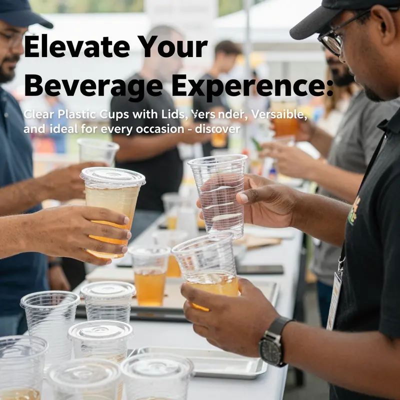 Vendors serving drinks in clear plastic cups with lids at a vibrant outdoor event.
