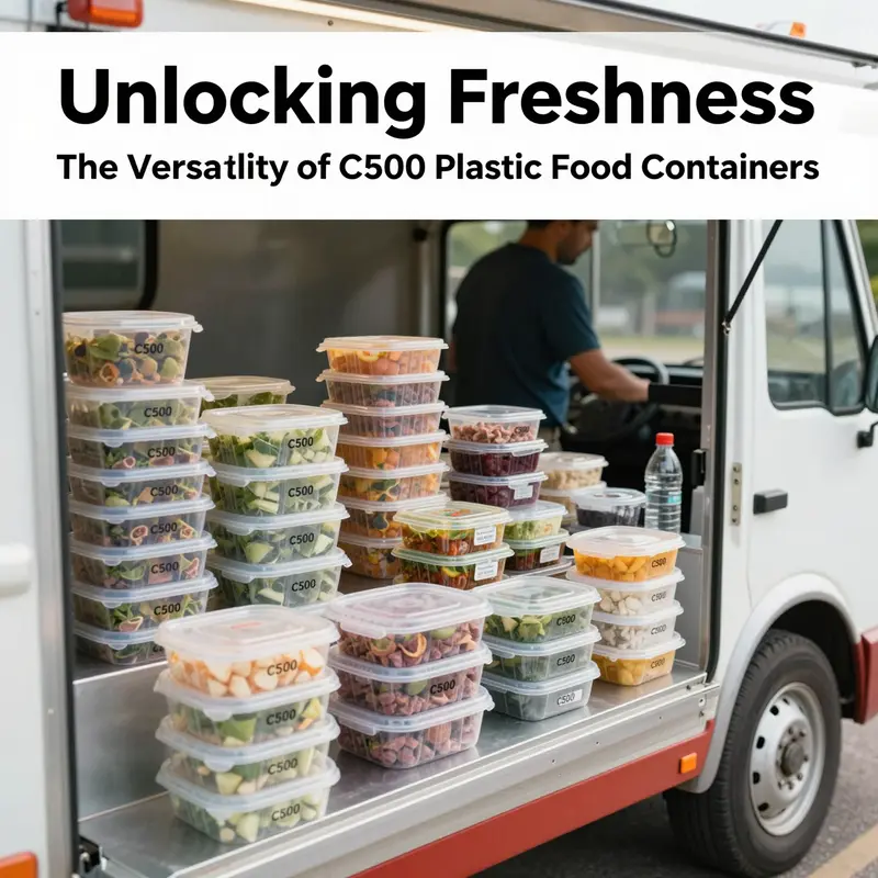 A showcase of C500 plastic food containers filled with food items, highlighting their capacity and versatility.
