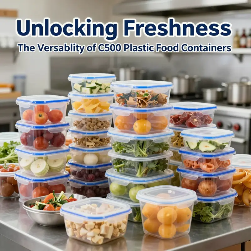 A showcase of C500 plastic food containers filled with food items, highlighting their capacity and versatility.
