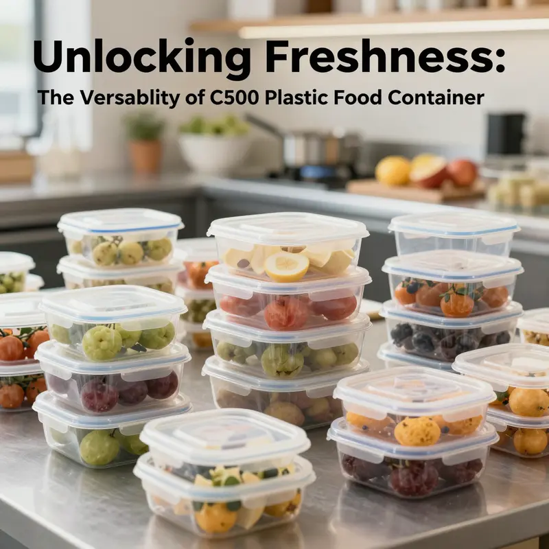 A colorful array of C500 plastic food containers displayed in a food service setting, highlighting their multiple uses.