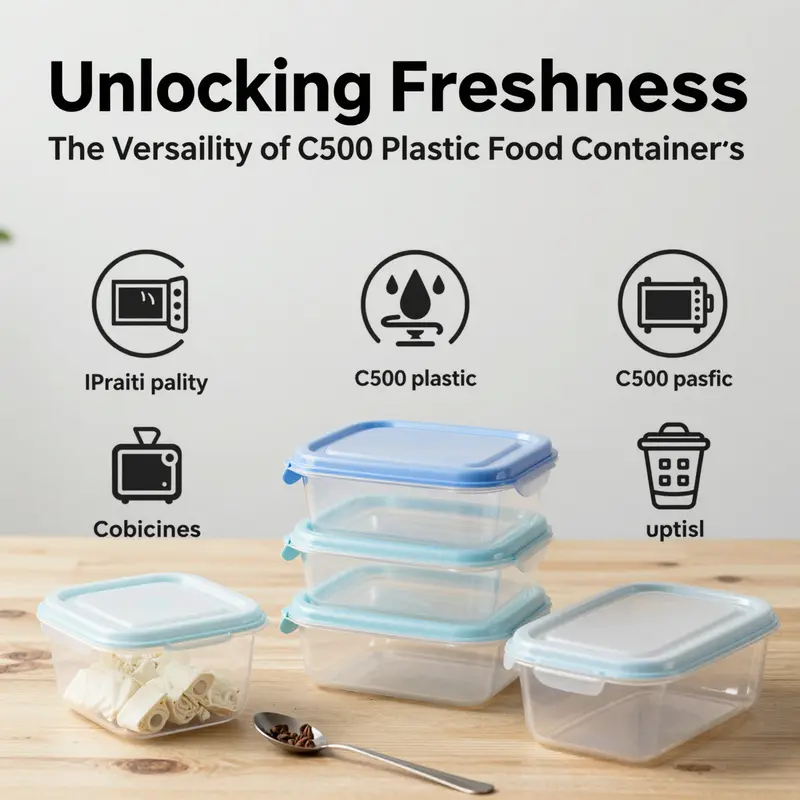 A showcase of C500 plastic food containers filled with food items, highlighting their capacity and versatility.