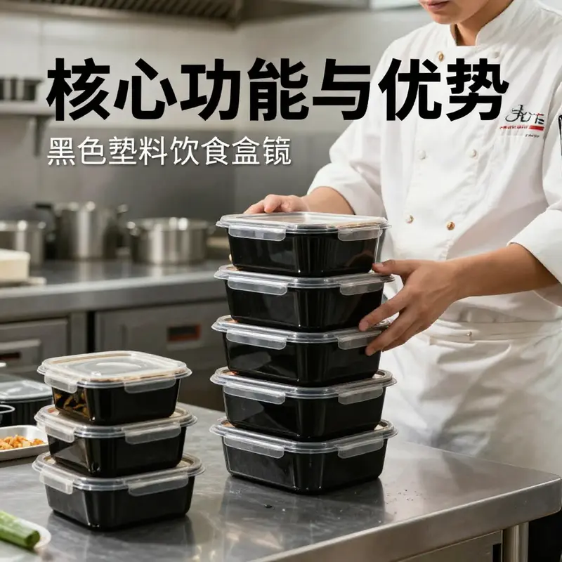 Diverse designs of black plastic food containers designed for food service.
