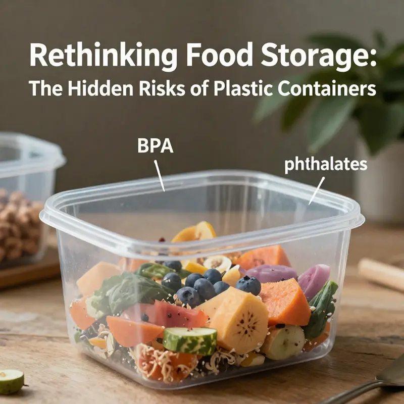 Degraded plastic containers versus fresh food items highlighting storage risks.