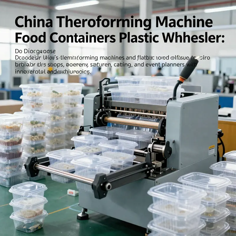 Photo-realistic image of a thermoforming machine molding plastic food containers with finished product stacks in a well-lit Chinese factory.