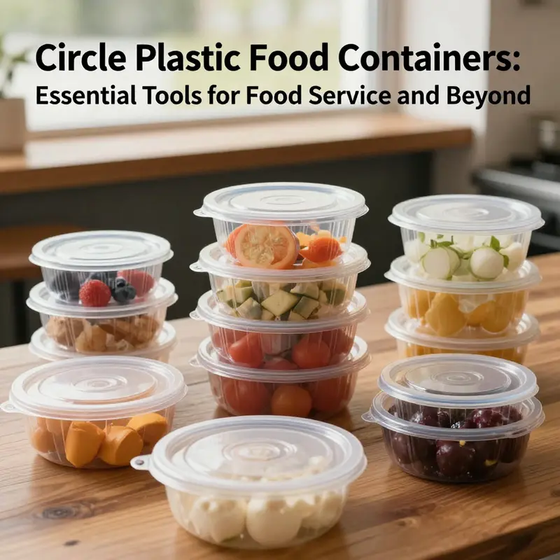 An assortment of circle plastic food containers displayed in multiple food service contexts, highlighting their versatility and design.