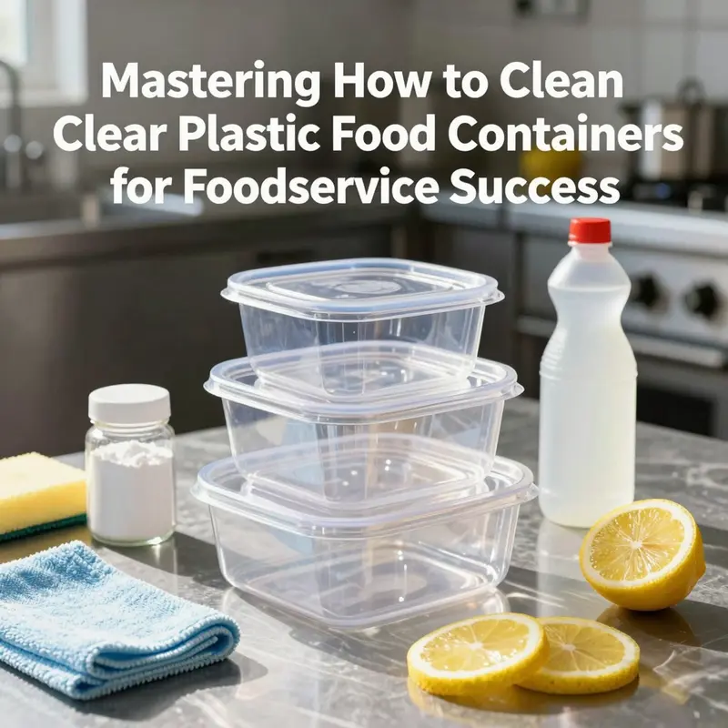 Clear plastic food containers drying upside down on a kitchen counter with lemons, baking soda, and vinegar nearby in a sunlit environment.