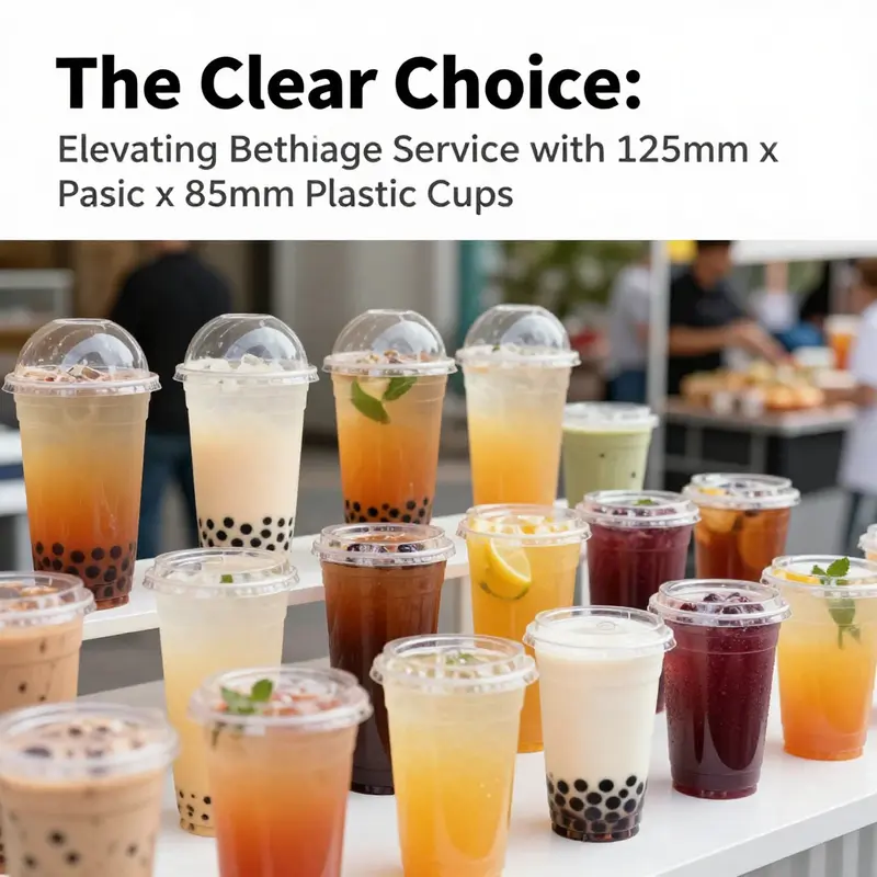 An array of 125mm x 85mm clear plastic cups showcasing diverse beverage options in multiple settings.